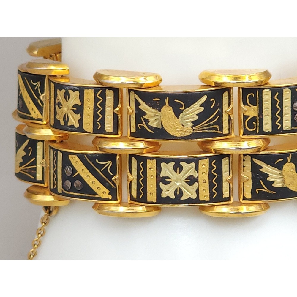 1 Inch Wide Damascene Gold Black Panel Link Bracelet Multi Row 6.5" Safety Bird - Picture 5 of 11